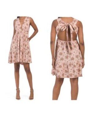 Floral Pink Linen Blend Tiered Mini Dress With Open Back House Of Harlow 1960 S